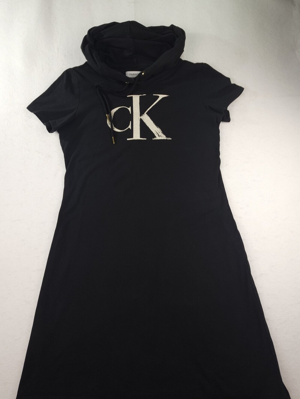 Calvin Klein Women's Black Hooded CK Logo T-Shirt Dress Short Sleeve Size Medium